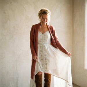 NWT Philosophy Longline Open-Front Cardigan terracotta earthy rose tone Medium